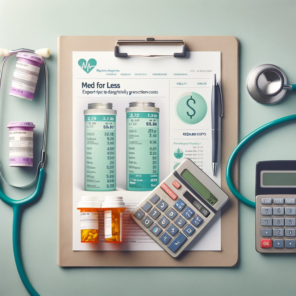  A book cover featuring a stethoscope, calculator, and prescription bottles with reduced price tags.