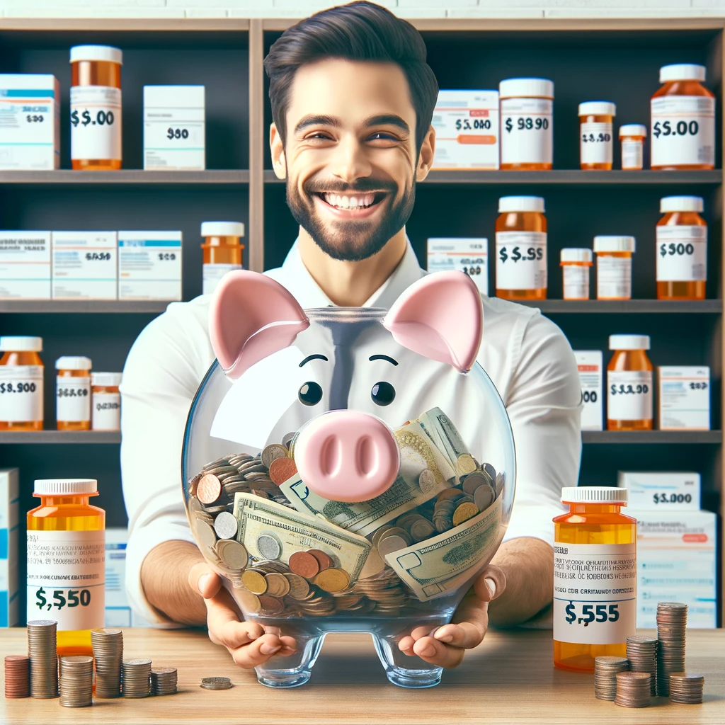 An individual holding a large transparent piggy bank with coins and prescription bottles in the background.