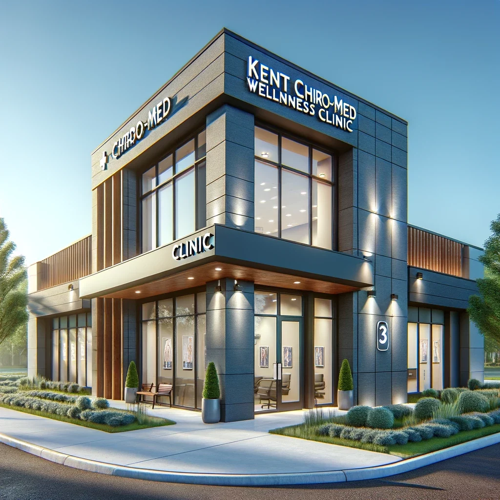 Photorealistic view of Kent Chiro-Med Wellness Clinic's sleek facade with clear signage, surrounded by well-maintained greenery.