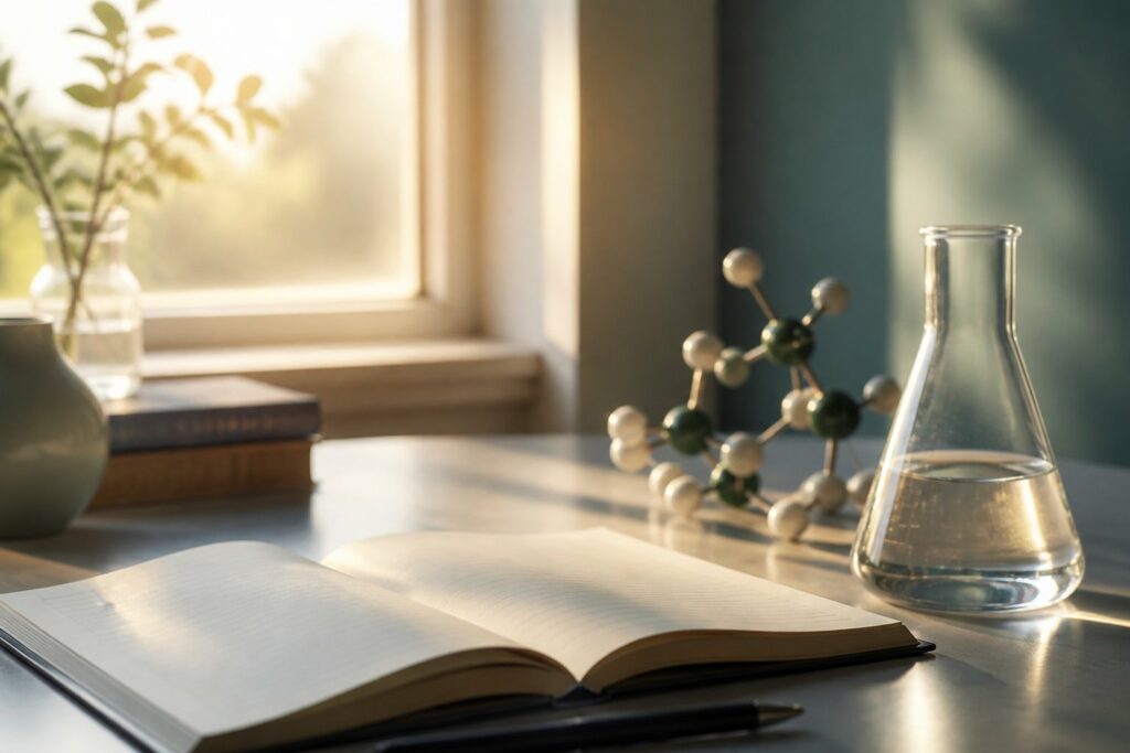Quiet research still life with a notebook, flask, and molecular model in morning light